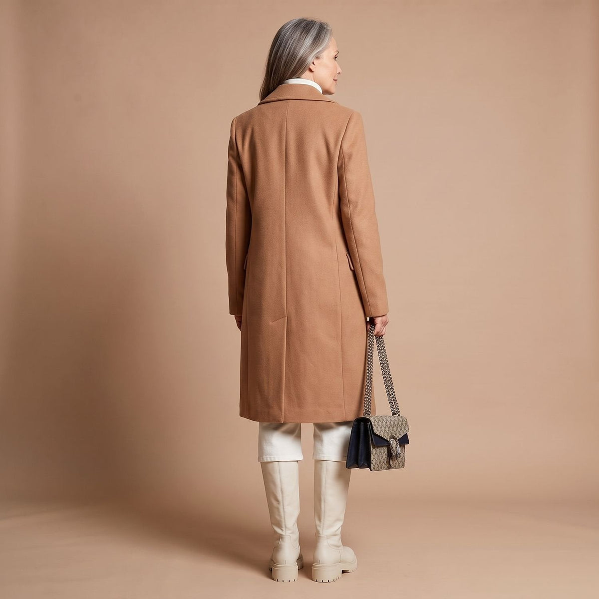 Women's Nipped-Waist Wool-Blend Coat with Double-Breasted Front