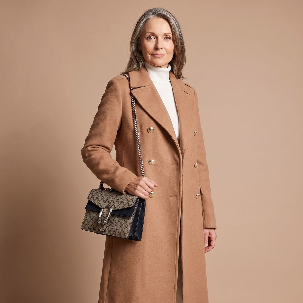 Women's Nipped-Waist Wool-Blend Coat with Double-Breasted Front - Camel