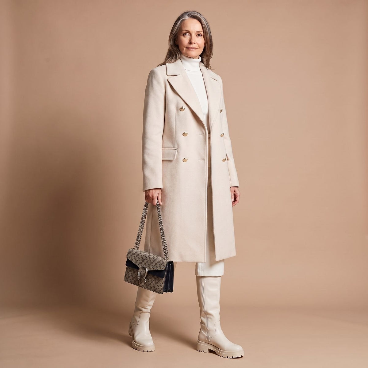 Women's Nipped-Waist Wool-Blend Coat with Double-Breasted Front