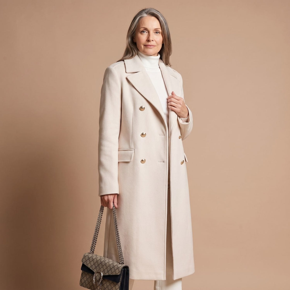Women's Nipped-Waist Wool-Blend Coat with Double-Breasted Front - White