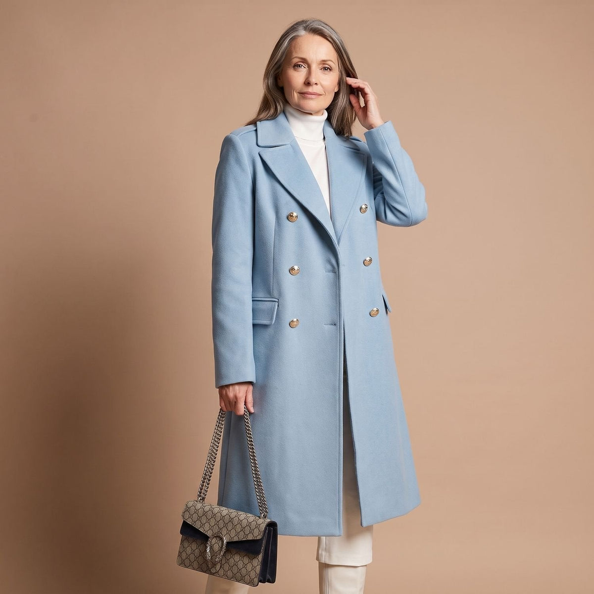 Women's Nipped-Waist Wool-Blend Coat with Double-Breasted Front - Blue