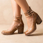 Women's Cushioned Double-Strap Boho Ankle Boots in Distressed Leather