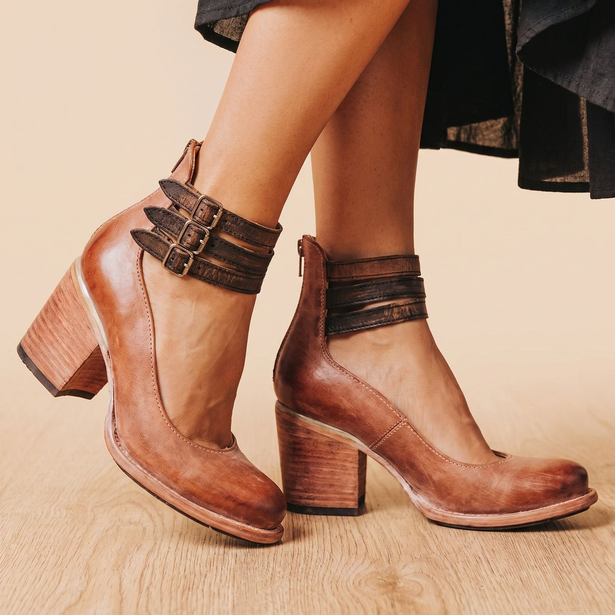Women's Cushioned Double-Strap Boho Ankle Boots in Distressed Leather - Dark Brown