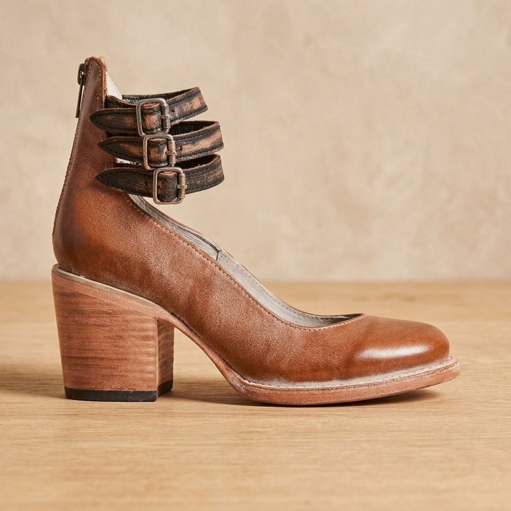 Women's Cushioned Double-Strap Boho Ankle Boots in Distressed Leather