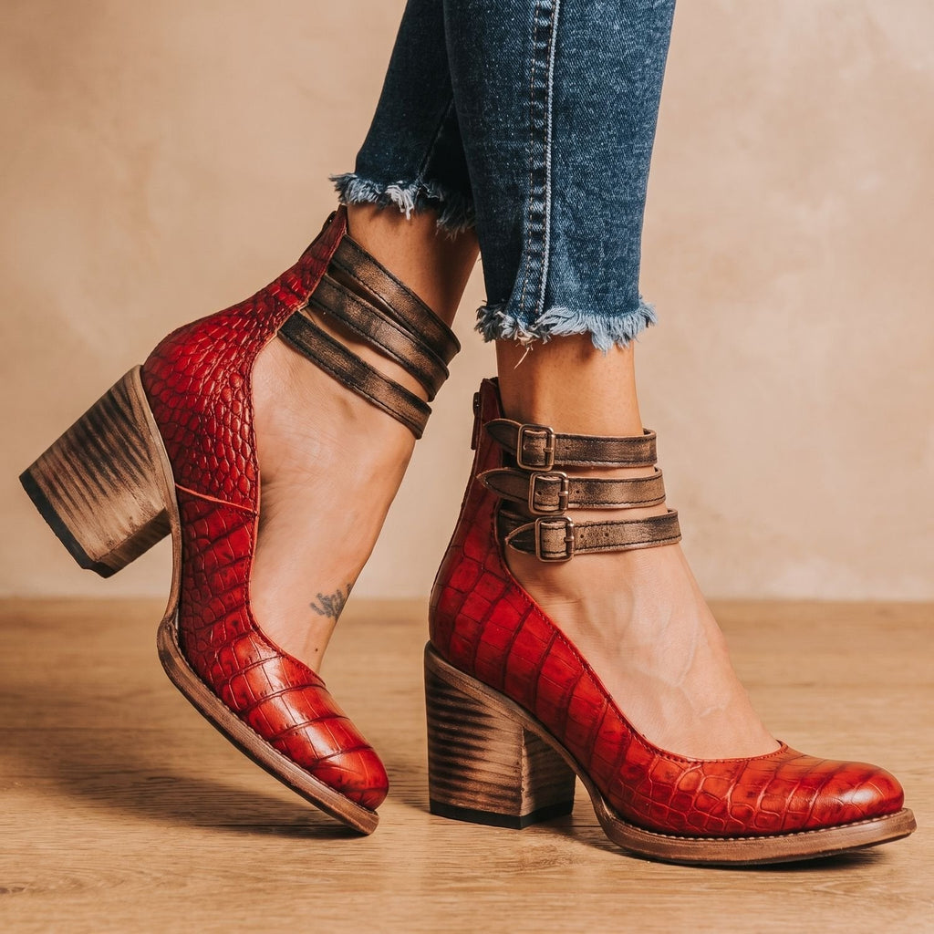 Women's Cushioned Double-Strap Boho Ankle Boots in Distressed Leather