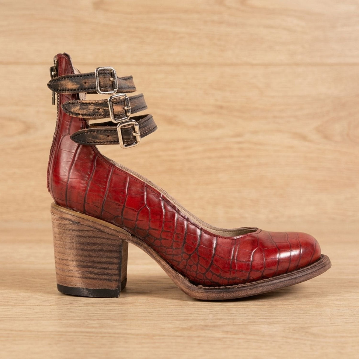 Women's Cushioned Double-Strap Boho Ankle Boots in Distressed Leather