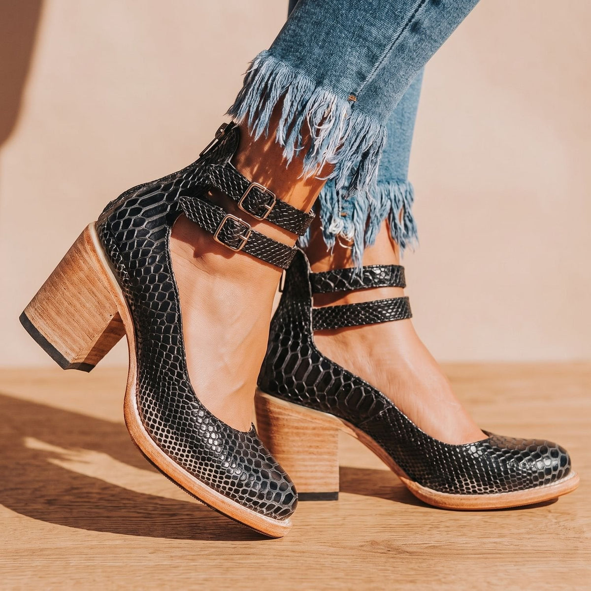 Women's Cushioned Double-Strap Boho Ankle Boots in Distressed Leather