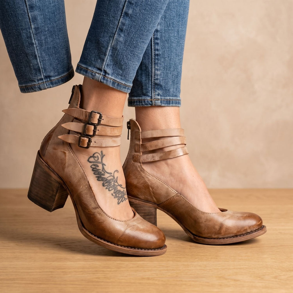 Women's Cushioned Double-Strap Boho Ankle Boots in Distressed Leather