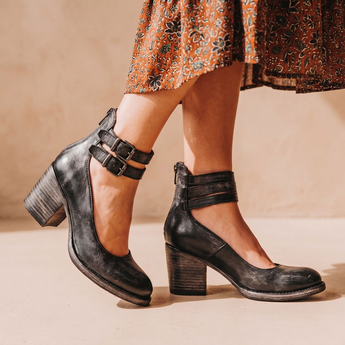 Women's Cushioned Double-Strap Boho Ankle Boots in Distressed Leather
