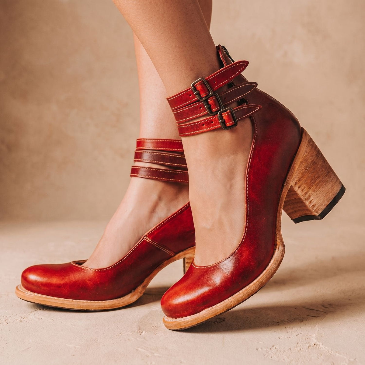 Women's Cushioned Double-Strap Boho Ankle Boots in Distressed Leather - Red