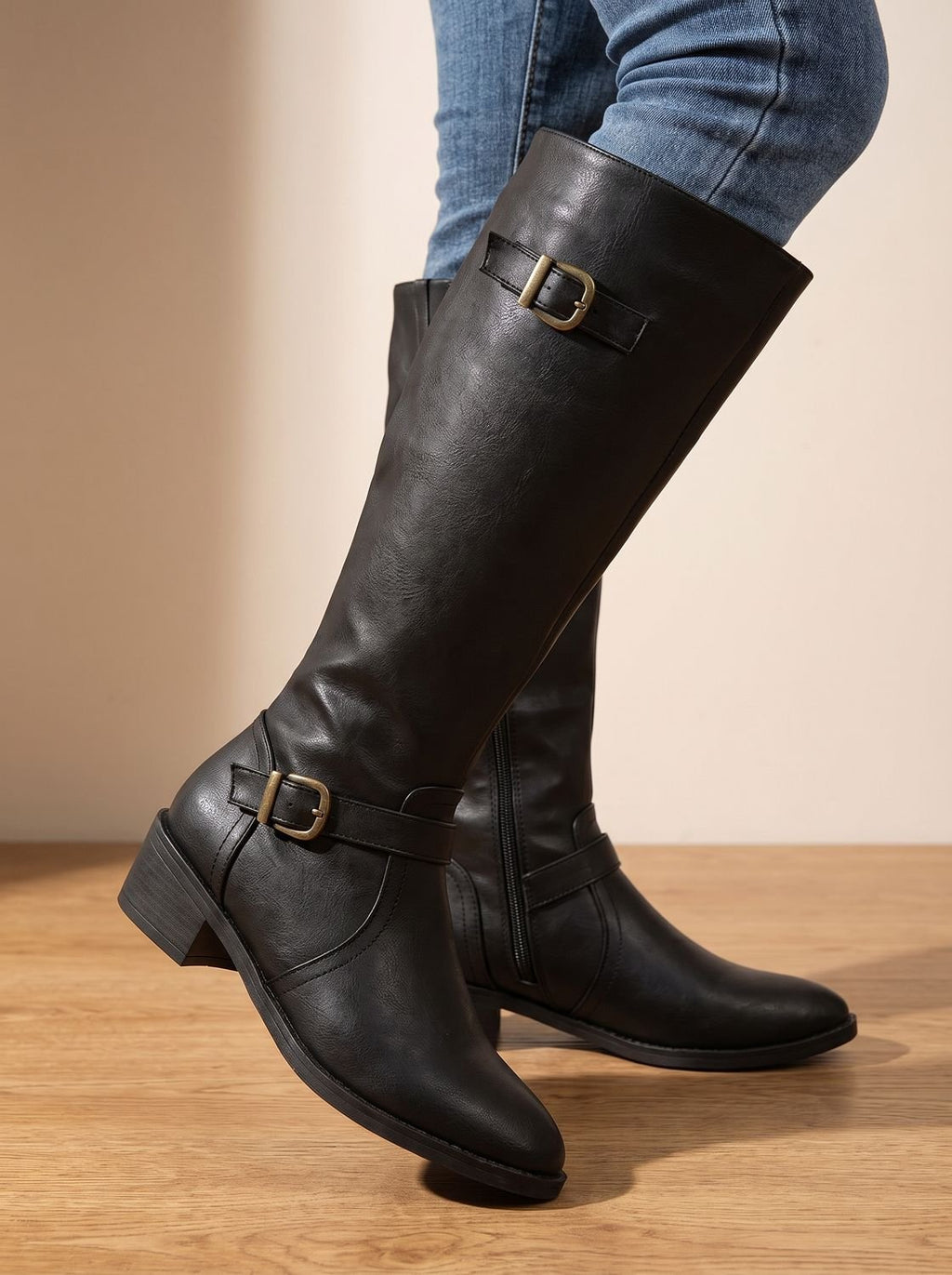 Women's Low-Heel Knee-High Boots with Ankle and Calf Buckles