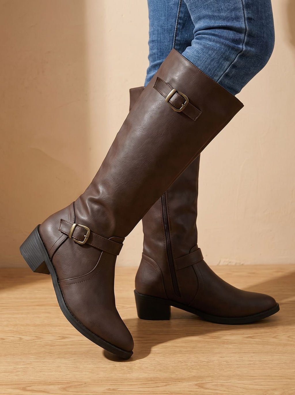 Women's Low-Heel Knee-High Boots with Ankle and Calf Buckles