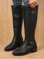 Women's Low-Heel Knee-High Boots with Ankle and Calf Buckles