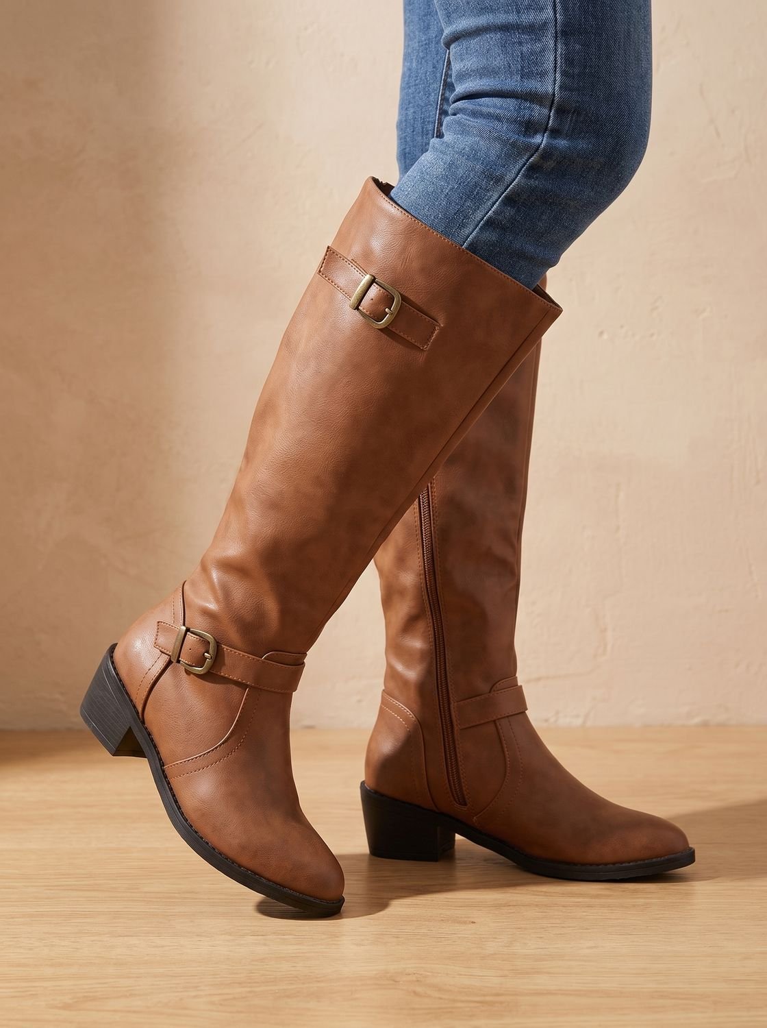 Women's Low-Heel Knee-High Boots with Ankle and Calf Buckles