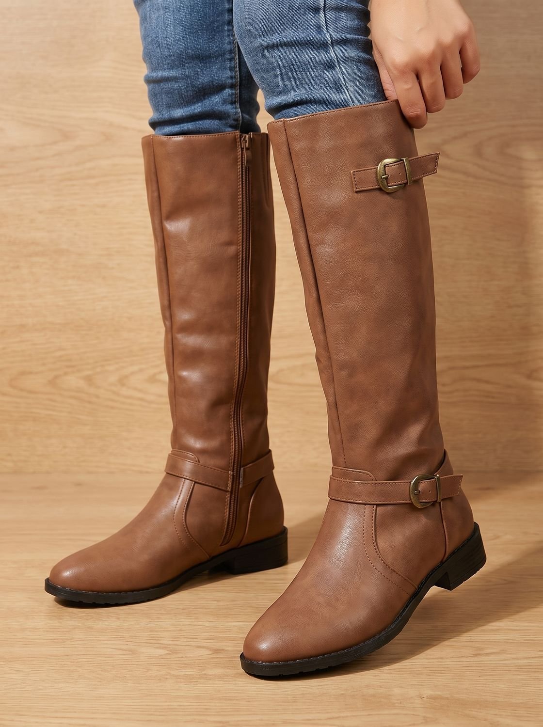 Women's Low-Heel Knee-High Boots with Ankle and Calf Buckles - Brown