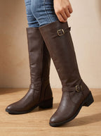 Women's Low-Heel Knee-High Boots with Ankle and Calf Buckles