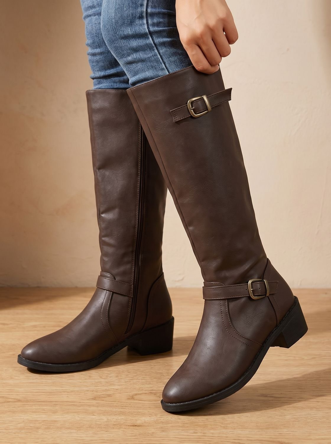 Women's Low-Heel Knee-High Boots with Ankle and Calf Buckles