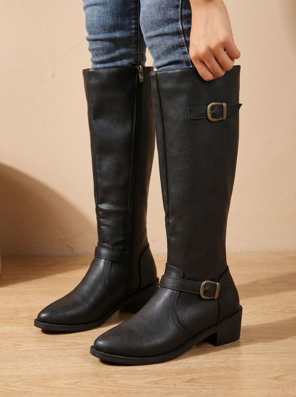 Women's Low-Heel Knee-High Boots with Ankle and Calf Buckles - Black