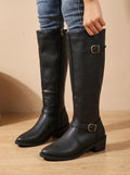 Women's Low-Heel Knee-High Boots with Ankle and Calf Buckles - Black