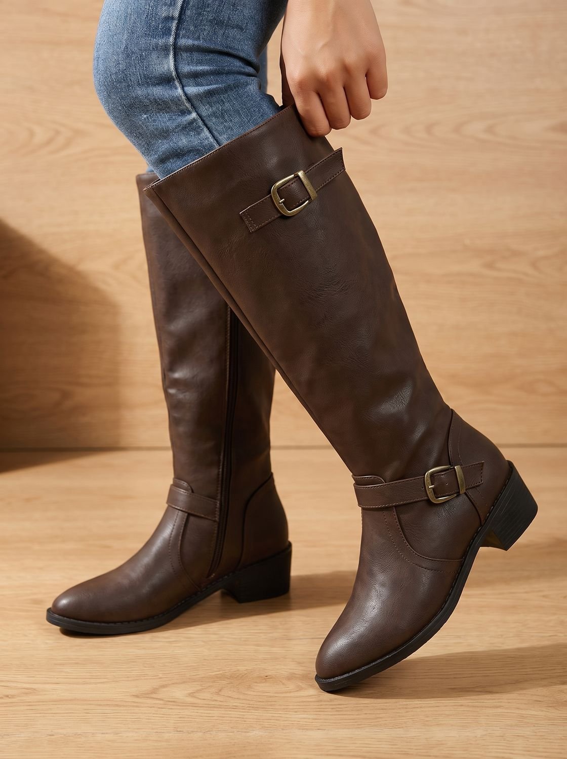 Women's Low-Heel Knee-High Boots with Ankle and Calf Buckles - Dark Brown