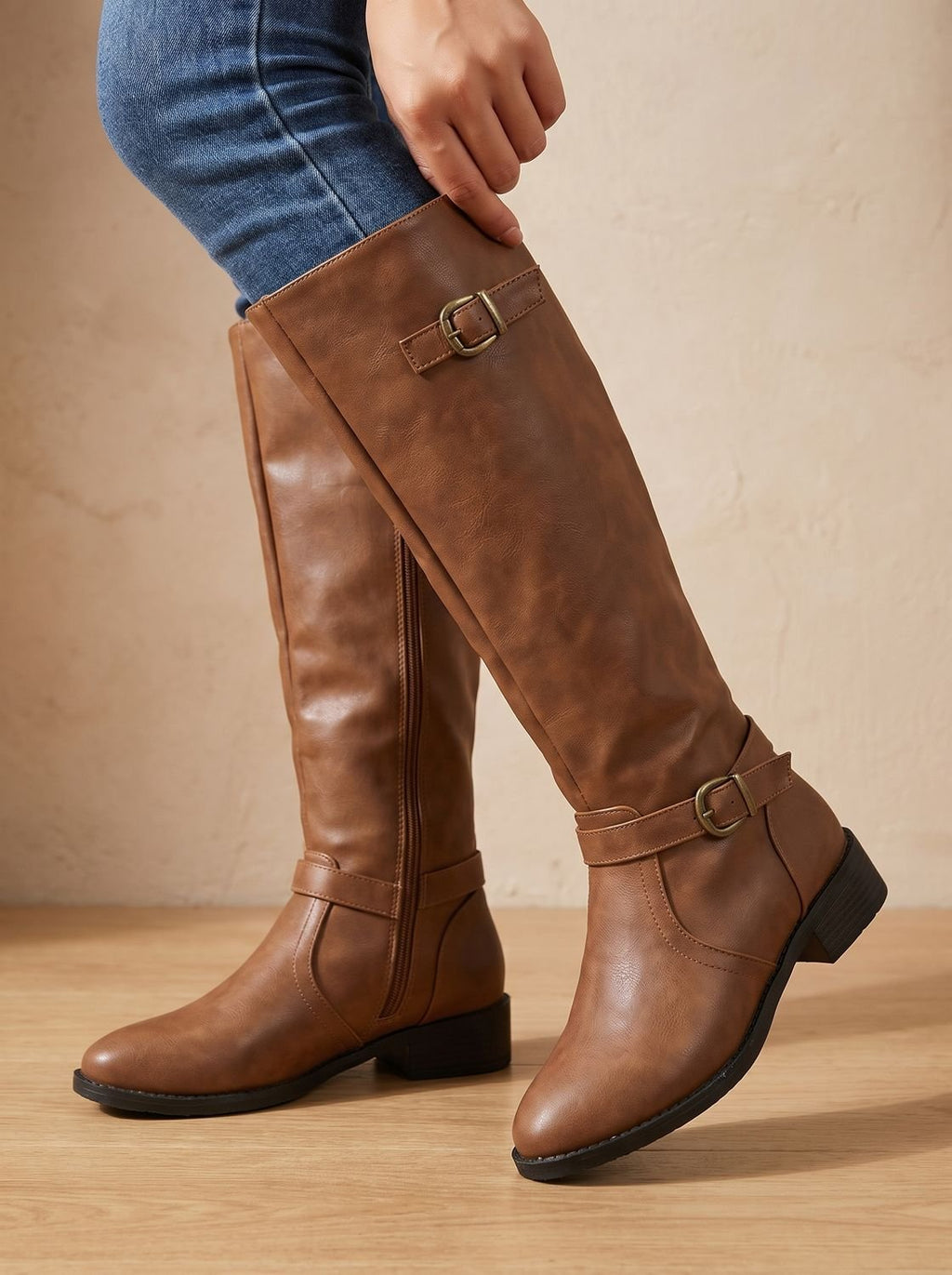 Women's Low-Heel Knee-High Boots with Ankle and Calf Buckles