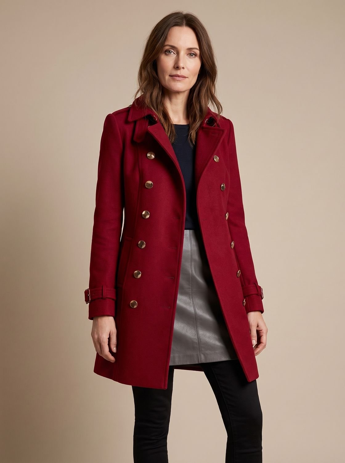 Women's Mid-Length Military-Style Fitted Coat with Lapel Collar - Red