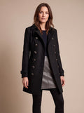 Women's Mid-Length Military-Style Fitted Coat with Lapel Collar - Black