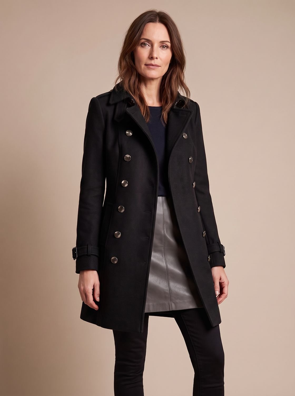 Women's Mid-Length Military-Style Fitted Coat with Lapel Collar - Black