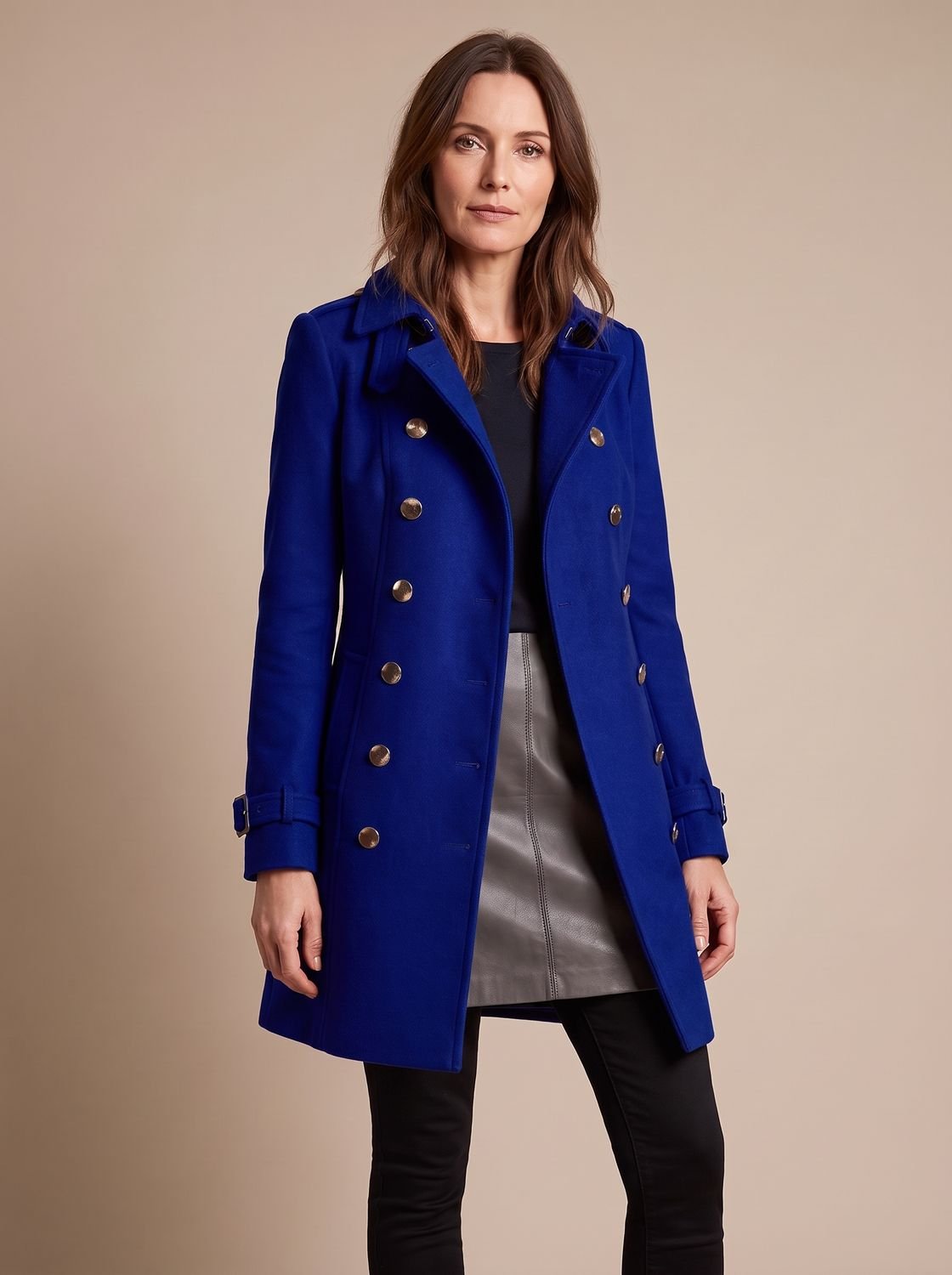 Women's Mid-Length Military-Style Fitted Coat with Lapel Collar - Blue