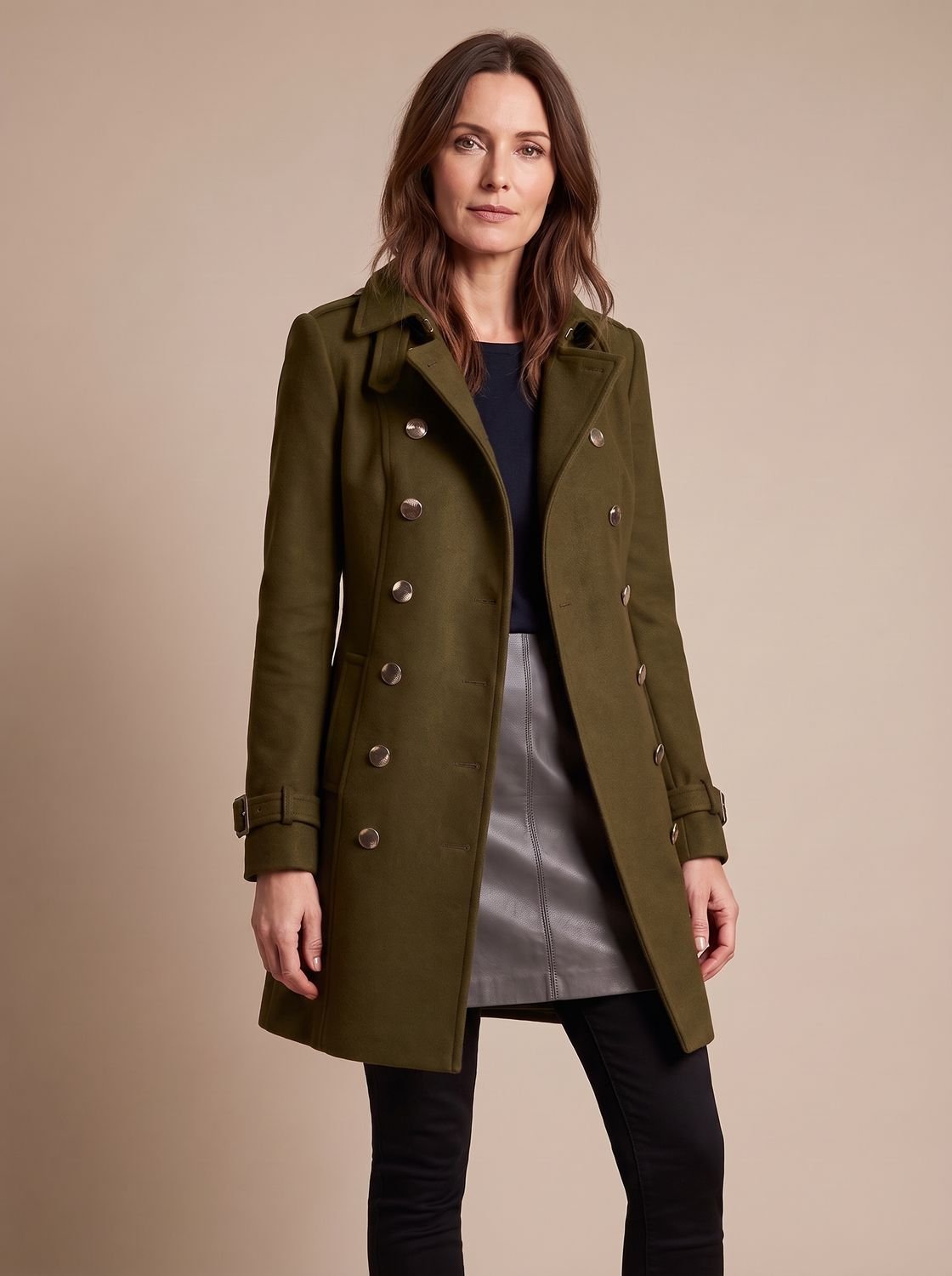 Women's Mid-Length Military-Style Fitted Coat with Lapel Collar - Green