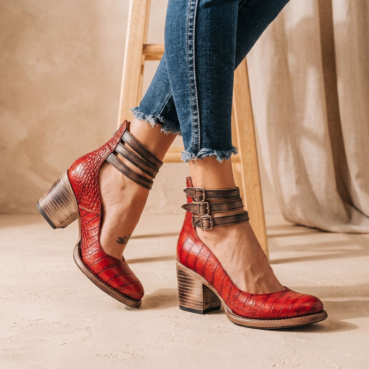 Women's Western Leather-Look Ankle Boots with Padded Footbed - Serpentine Red