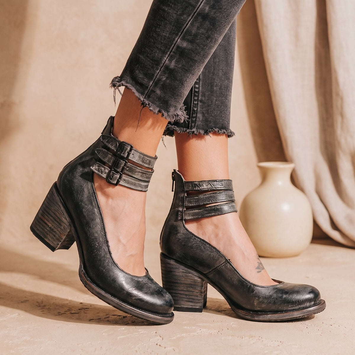 Women's Western Leather-Look Ankle Boots with Padded Footbed - Black