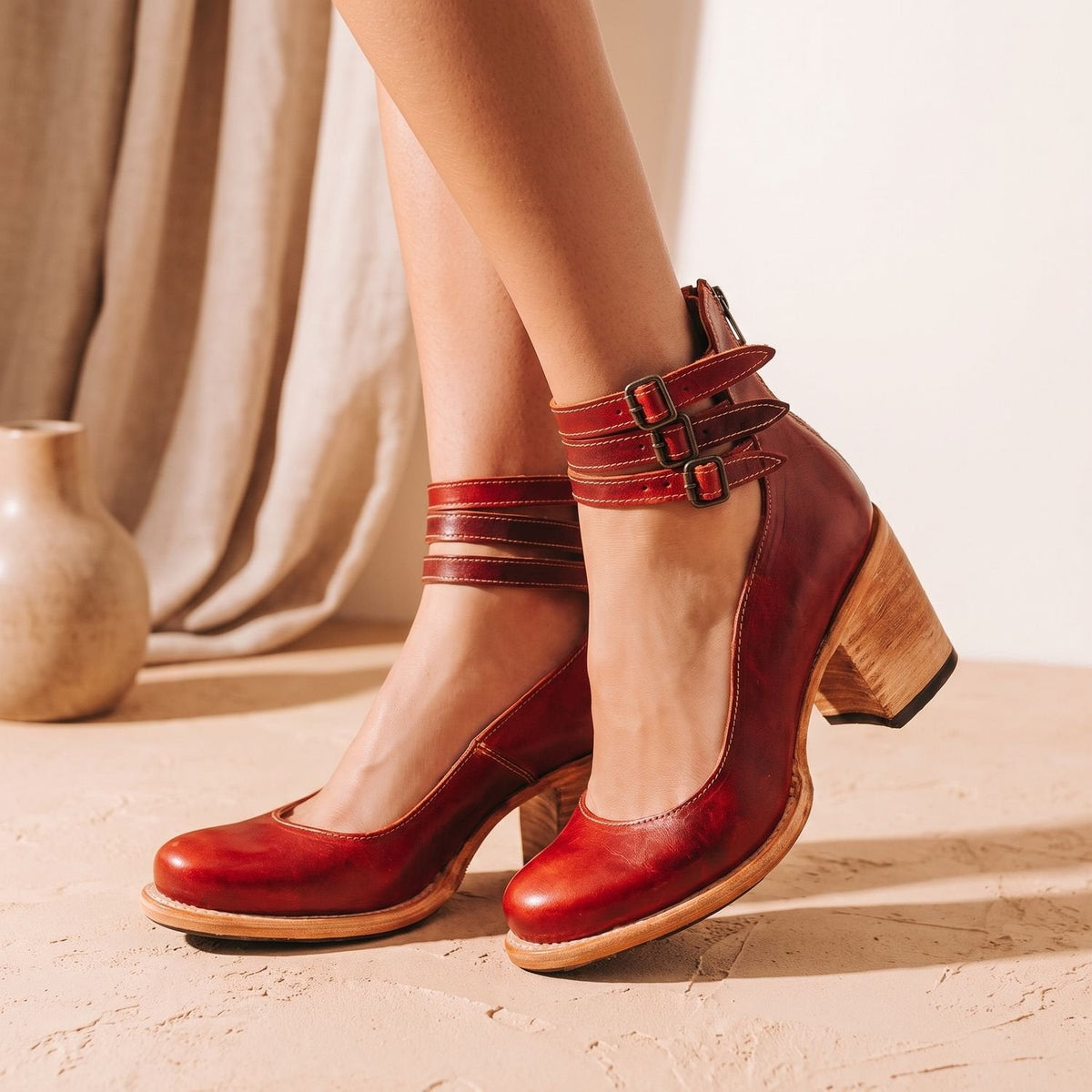 Women's Western Leather-Look Ankle Boots with Padded Footbed - Red