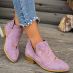 Women's Floral-Stitched Pointed Ankle Boots with Low Block Heel