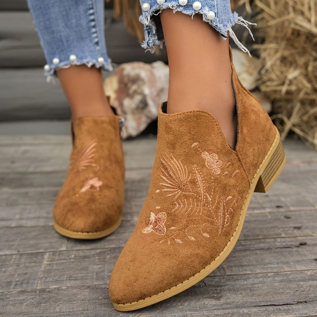 Women's Floral-Stitched Pointed Ankle Boots with Low Block Heel - Brown