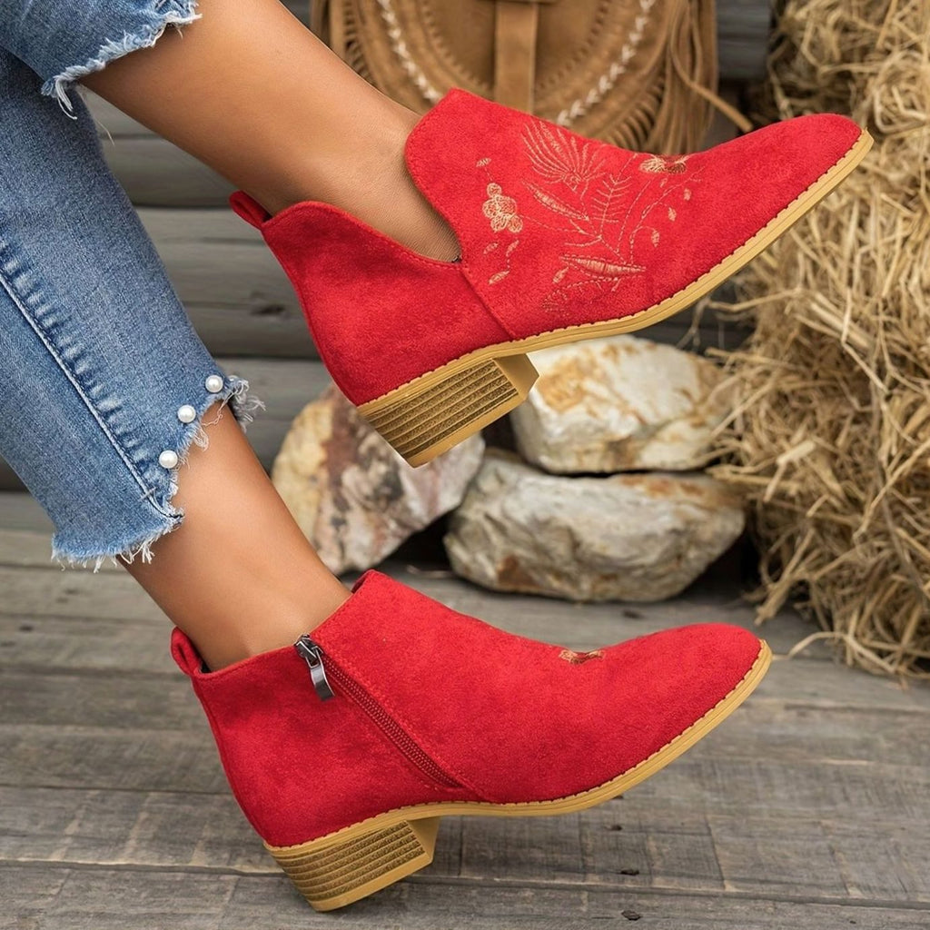Women's Floral-Stitched Pointed Ankle Boots with Low Block Heel
