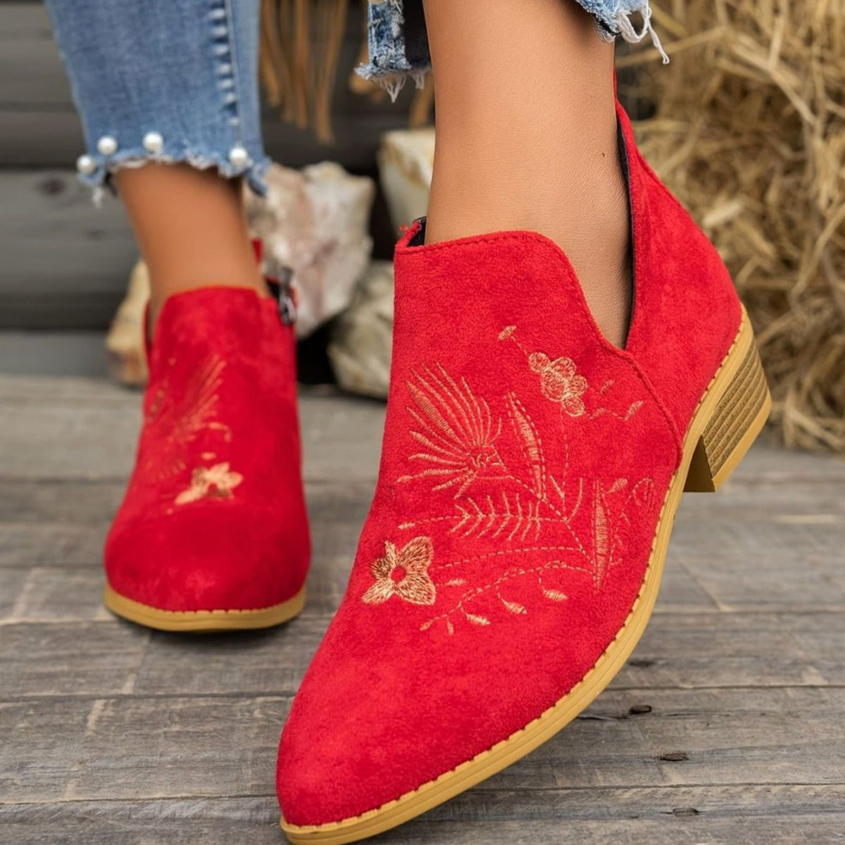 Women's Floral-Stitched Pointed Ankle Boots with Low Block Heel - Red