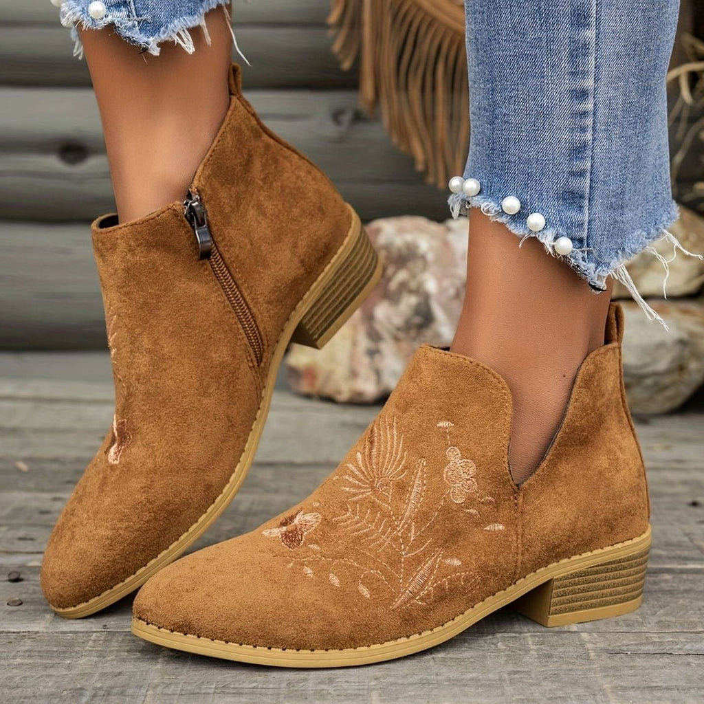 Women's Floral-Stitched Pointed Ankle Boots with Low Block Heel