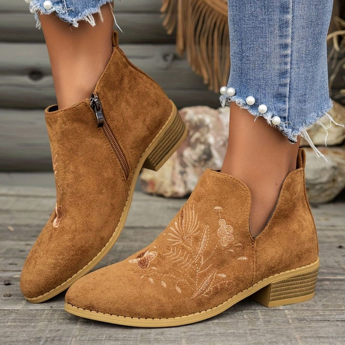 Women's Floral-Stitched Pointed Ankle Boots with Low Block Heel