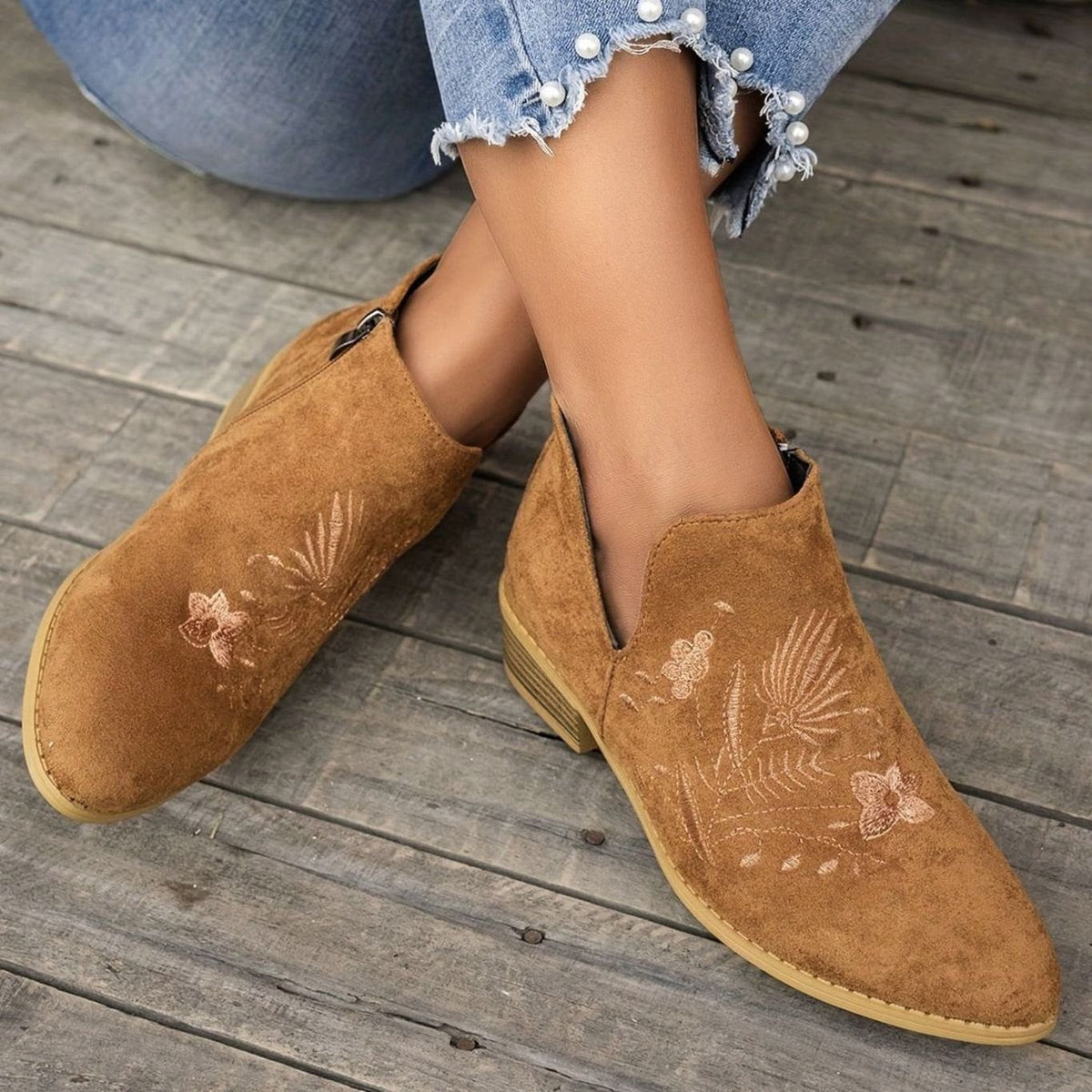 Women's Floral-Stitched Pointed Ankle Boots with Low Block Heel