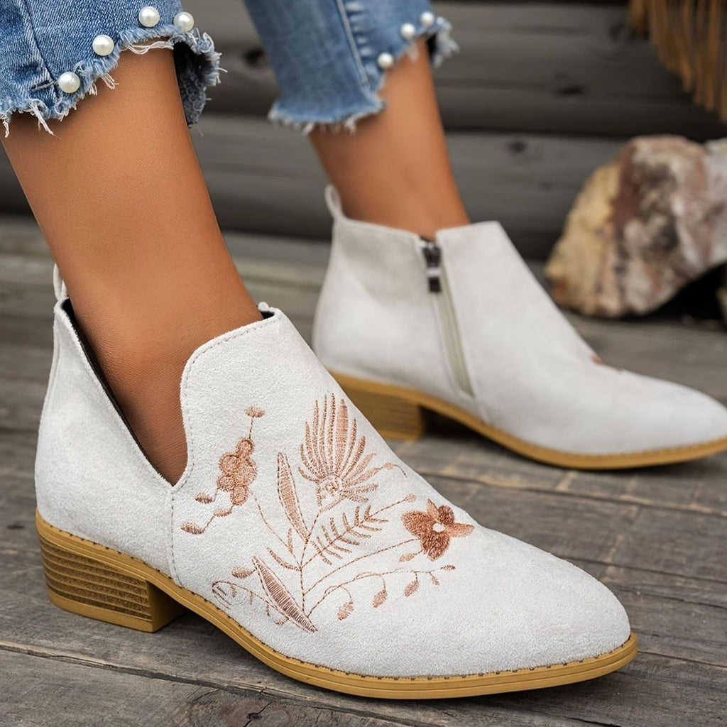 Women's Floral-Stitched Pointed Ankle Boots with Low Block Heel