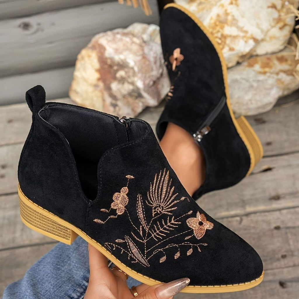 Women's Floral-Stitched Pointed Ankle Boots with Low Block Heel
