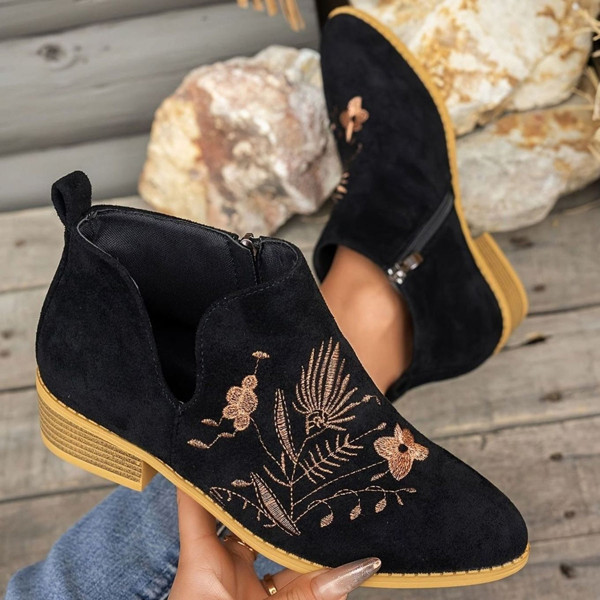 Women's Floral-Stitched Pointed Ankle Boots with Low Block Heel