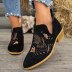 Women's Floral-Stitched Pointed Ankle Boots with Low Block Heel - Black