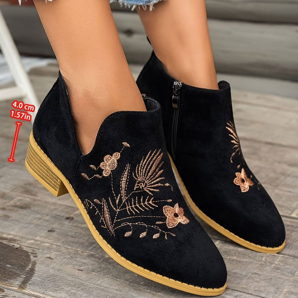 Women's Floral-Stitched Pointed Ankle Boots with Low Block Heel