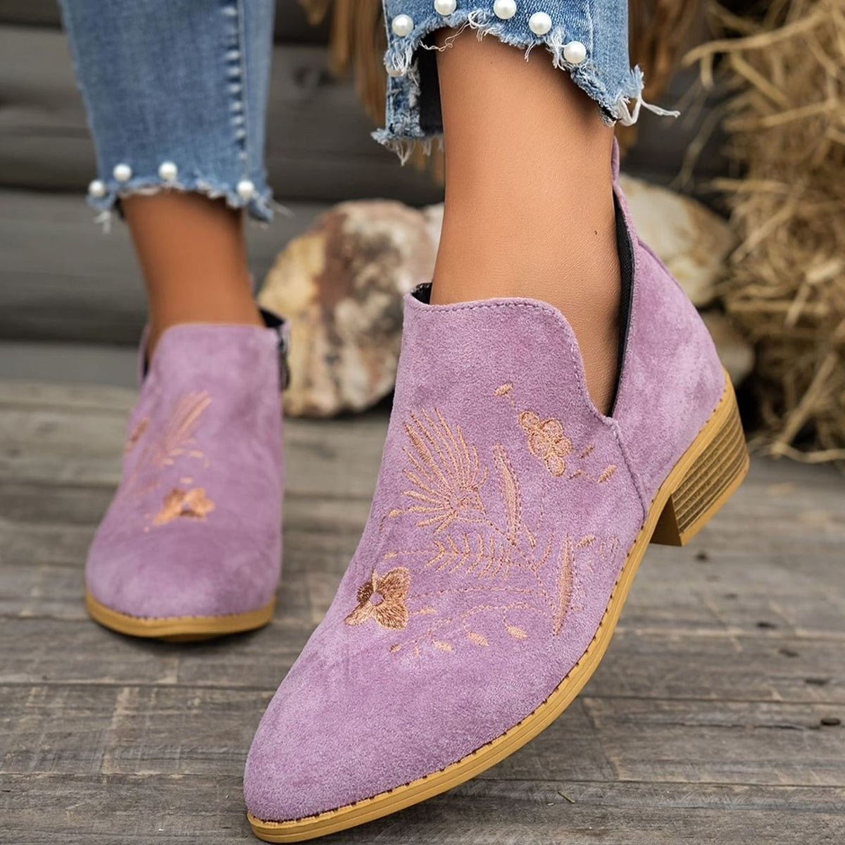 Women's Floral-Stitched Pointed Ankle Boots with Low Block Heel - Purple