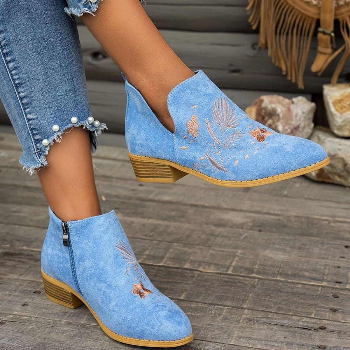 Women's Floral-Stitched Pointed Ankle Boots with Low Block Heel