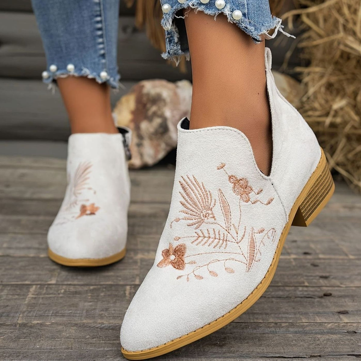 Women's Floral-Stitched Pointed Ankle Boots with Low Block Heel - White
