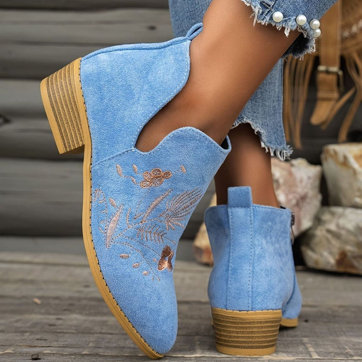 Women's Floral-Stitched Pointed Ankle Boots with Low Block Heel