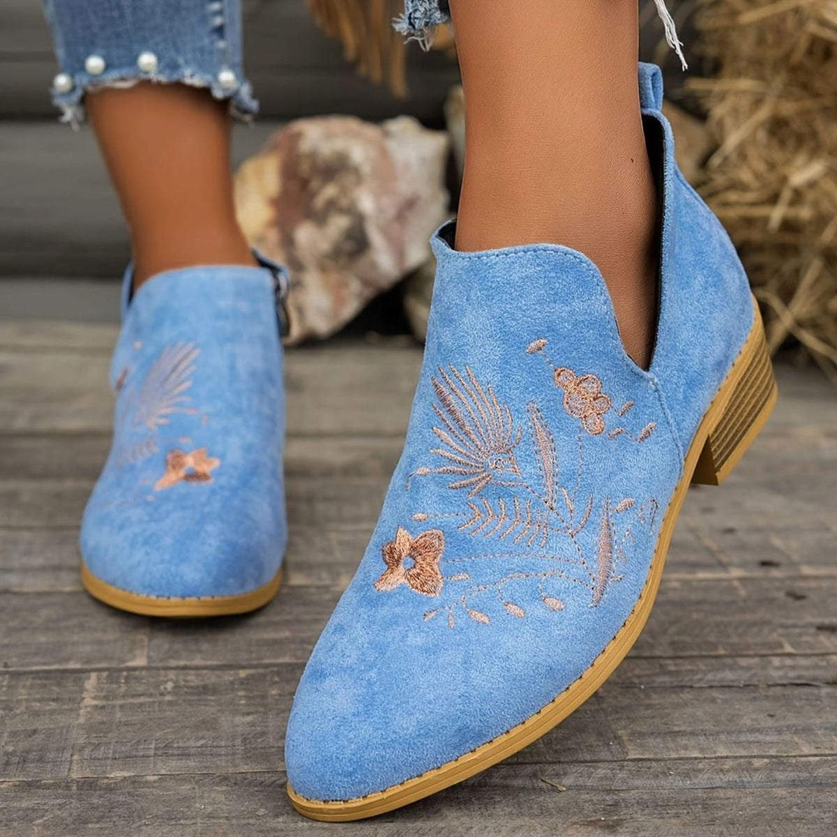 Women's Floral-Stitched Pointed Ankle Boots with Low Block Heel - Sky Blue